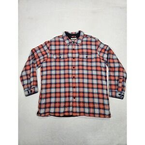 LL Bean Men Red XL Flannel Shirt Jacket Shacket Pocket Plaid Fleece Lined 298189